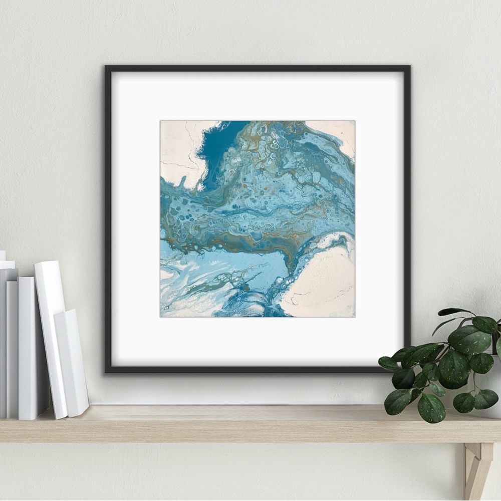 12 x 12” blue & white abstract painting signed by artist